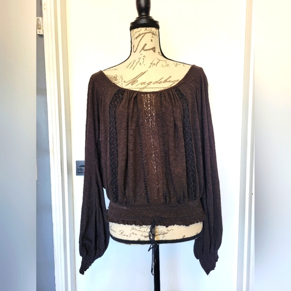 Free People Boho Open Back Crochet Trimmed Peasant Blouse Top Long Sleeve Size M - Picture 2 of 11